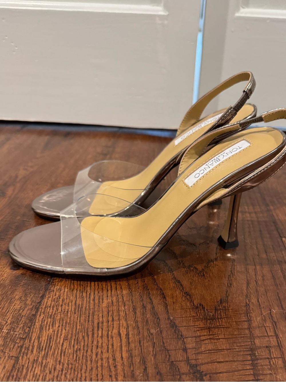 Tony Biiano Metallic Taupe Slingback Heels with Clear Strap